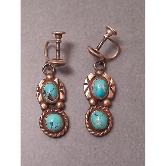 Vintage Southwestern Turquoise Sterling Earrings Horseshoe Dangle - Picture 1 of 4